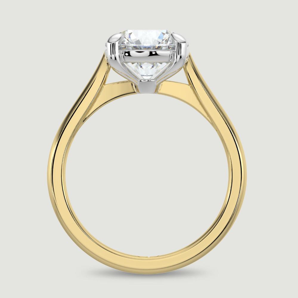 An 18ct yellow gold single stone diamond engagement ring, set with a lab-grown Round Brilliant diamond held in a platinum four claw setting. Viewed from the side.
