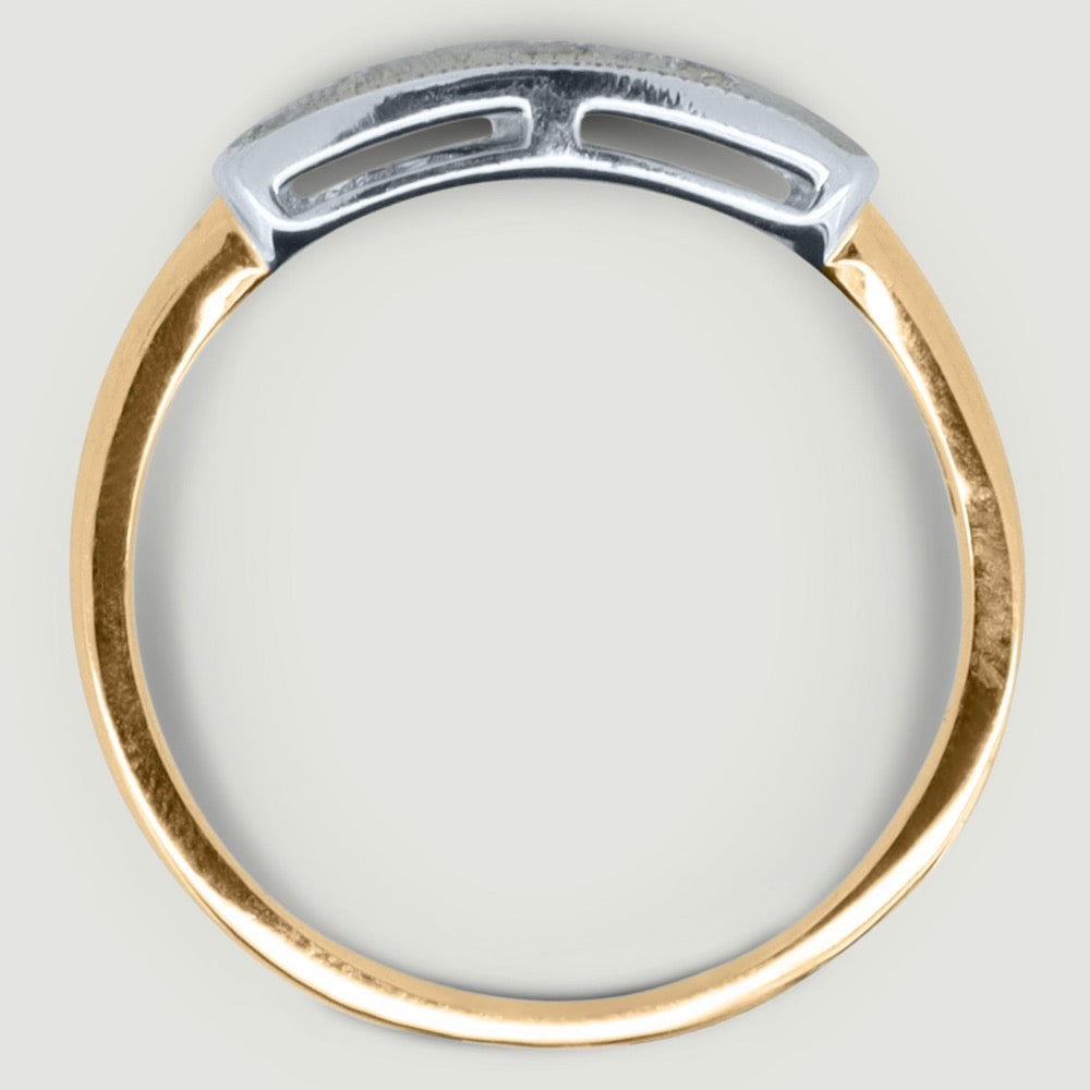 Five stone vintage style ring the round diamonds are grain set in a box with a mill grained edge the band of the ring is a little wide and plain - view from the side