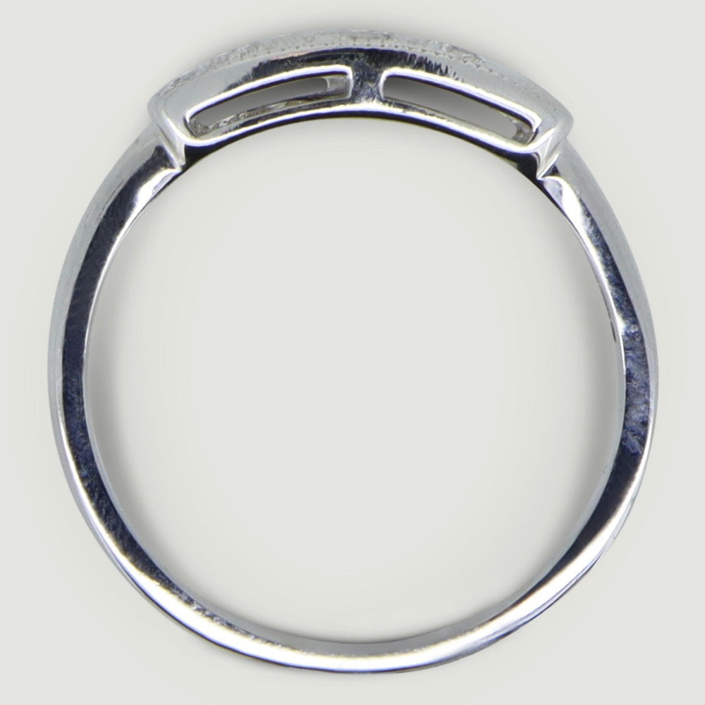 Five stone vintage style ring the round diamonds are grain set in a box with a mill grained edge the band of the ring is a little wide and plain - view from the side