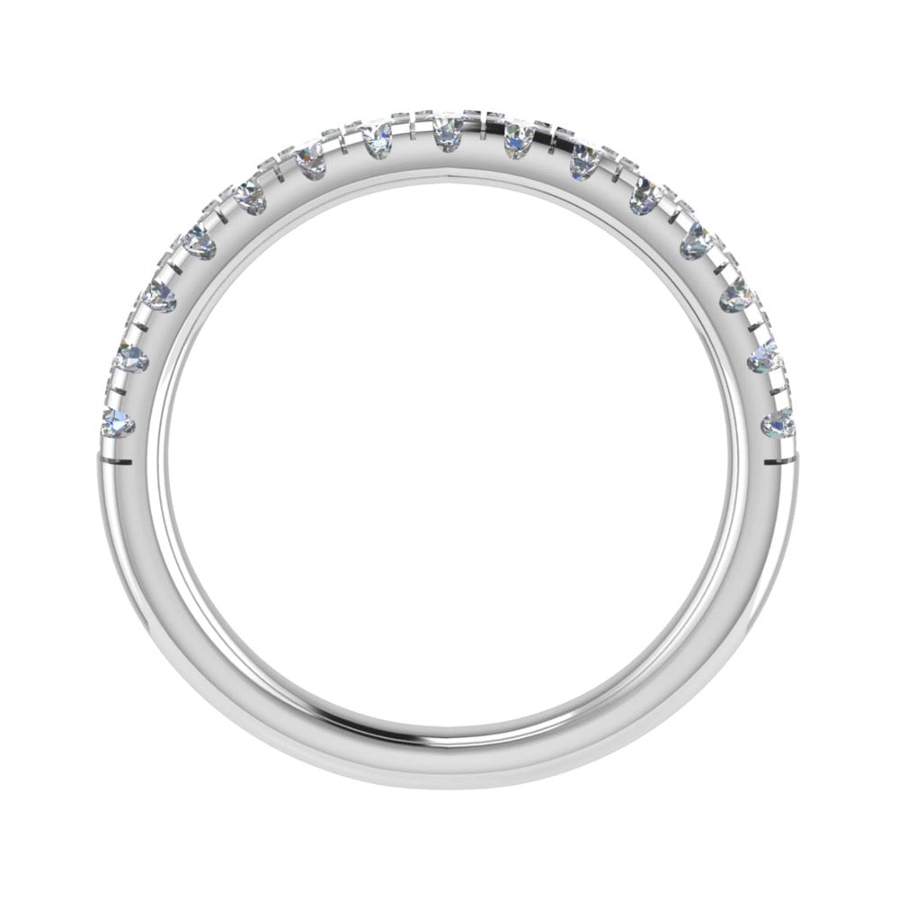 Platinum ring micro-pavé set half way around with round brilliant diamonds, the ring measures 2.5mm wide - view from the side