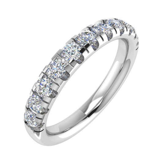 Platinum ring micro-pavé set half way around with round brilliant diamonds, the ring measures 3.0mm wide - view from an angle