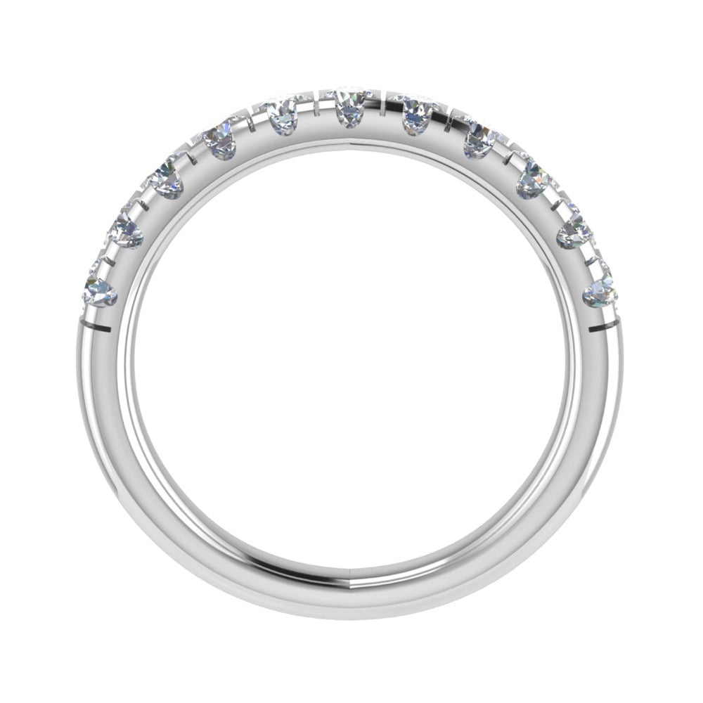 Platinum ring micro-pavé set half way around with round brilliant diamonds, the ring measures 3.0mm wide - view from the side