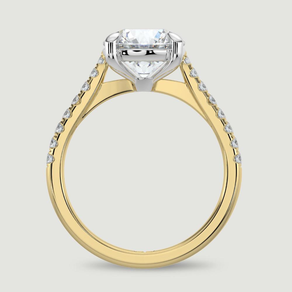 An 18ct yellow gold single stone diamond engagement ring, with micro-pavé set shoulders set with a lab-grown round brilliant diamond held in a platinum four claw setting. Viewed from the side.