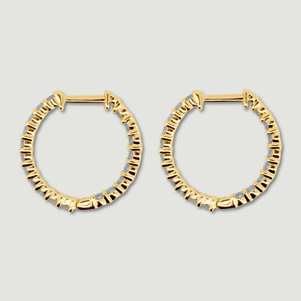 18ct yellow gold diamond hoop earrings claw set with round brilliant diamonds - view from the side