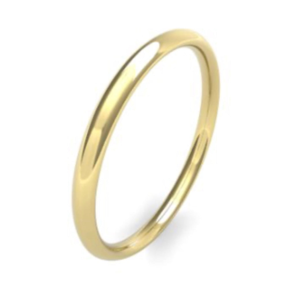 2.0mm wide traditional court shape wedding ring - photographed in yellow gold