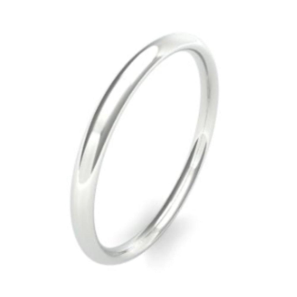 2.0mm wide traditional court shape wedding ring - photographed in platinum or white gold