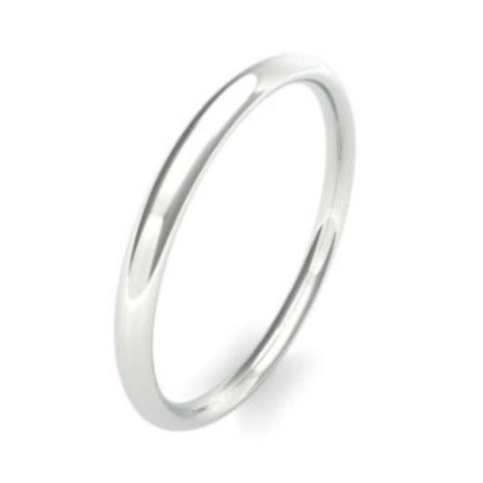 2.0mm wide traditional court shape wedding ring - photographed in platinum or white gold