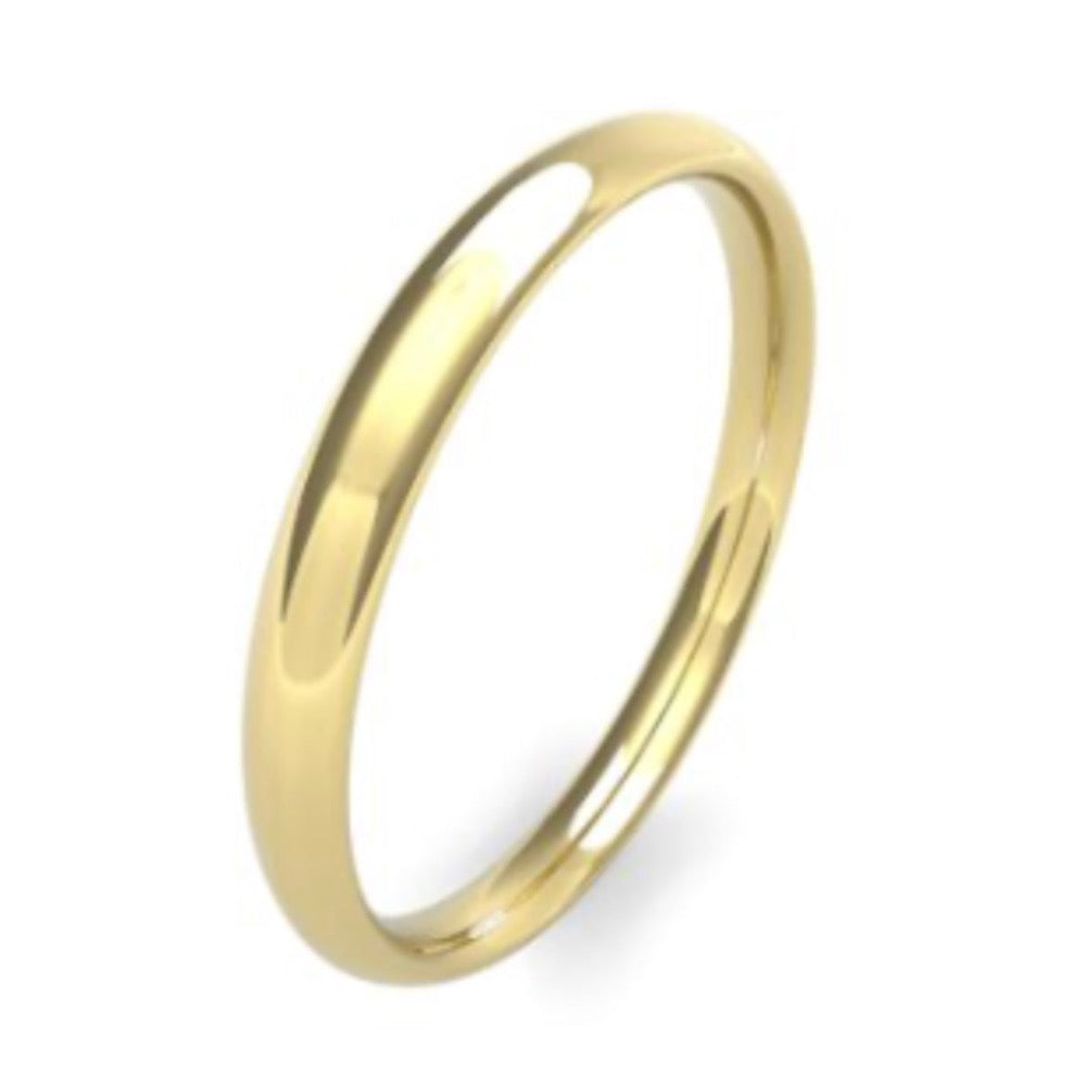 2.5mm wide traditional court shape wedding ring - photographed in yellow gold