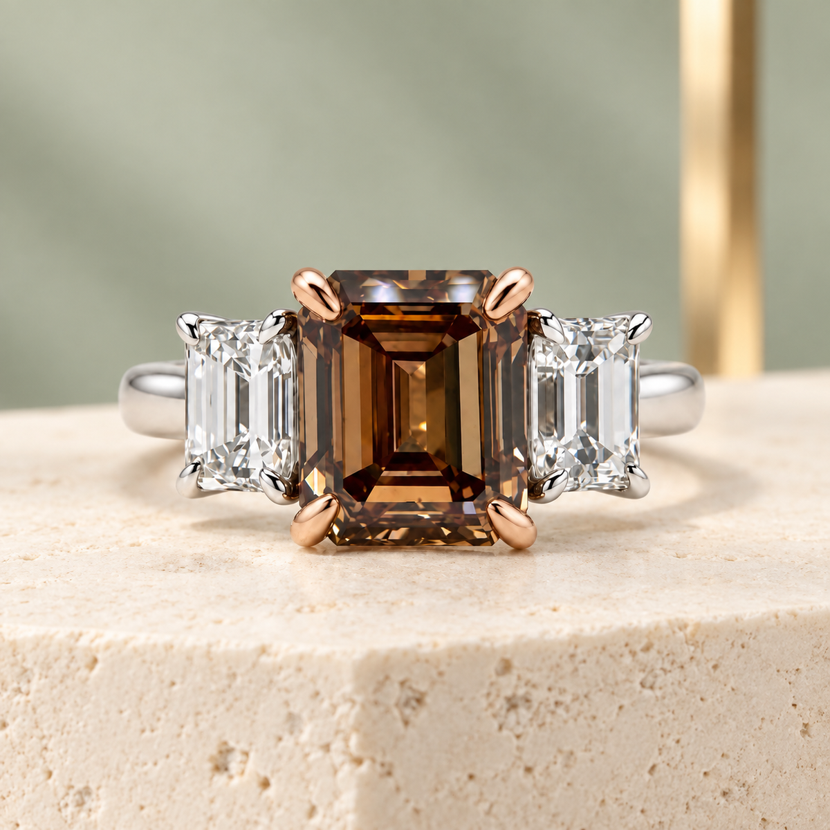 Natural brown diamond trilogy ring with emerald-cut diamond side stones.