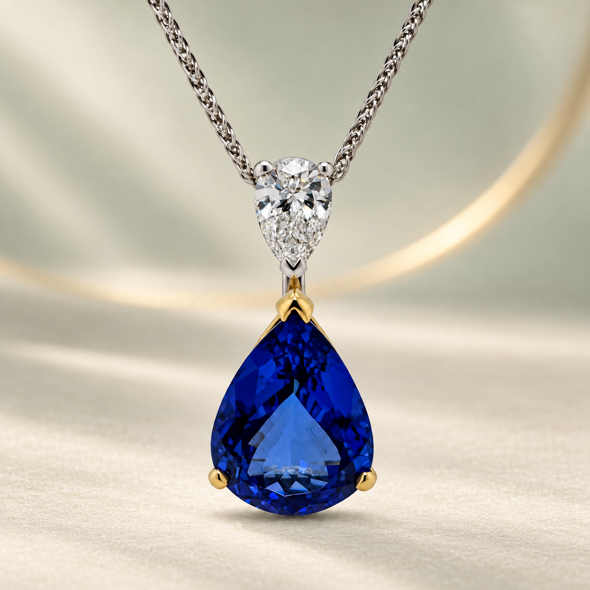 Pear-shaped tanzanite and natural diamond pendant in platinum and yellow gold.