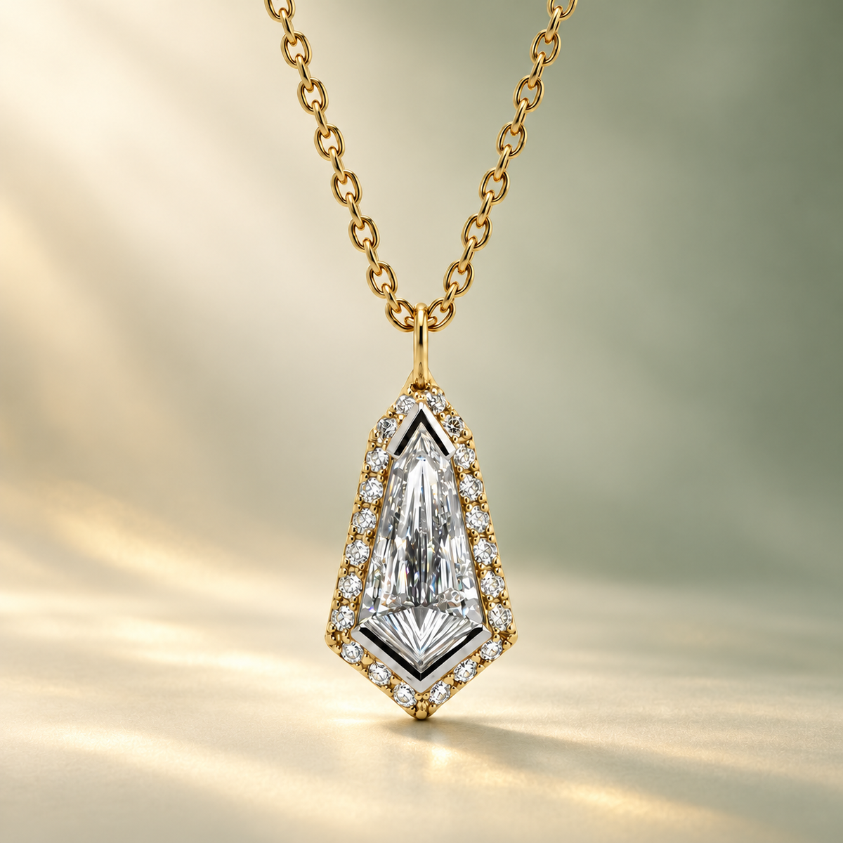 Yellow gold halo pendant set with a natural kite-shaped diamond.