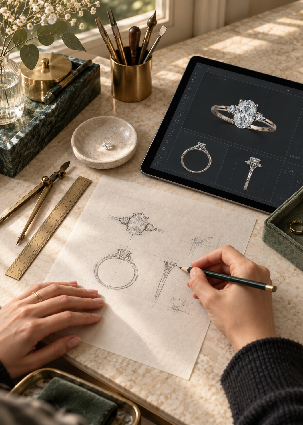 Jewellery designer refining an engagement ring sketch beside a detailed CAD rendering.