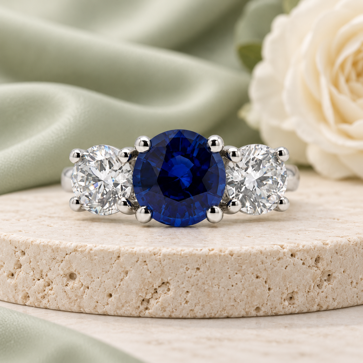 Royal-blue Ceylon sapphire and diamond trilogy ring.