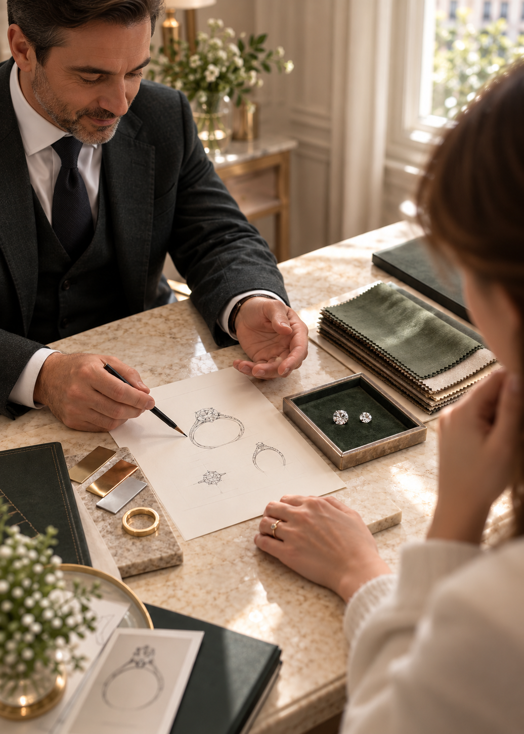 Private bespoke jewellery consultation with ring sketches, diamonds and metal samples.