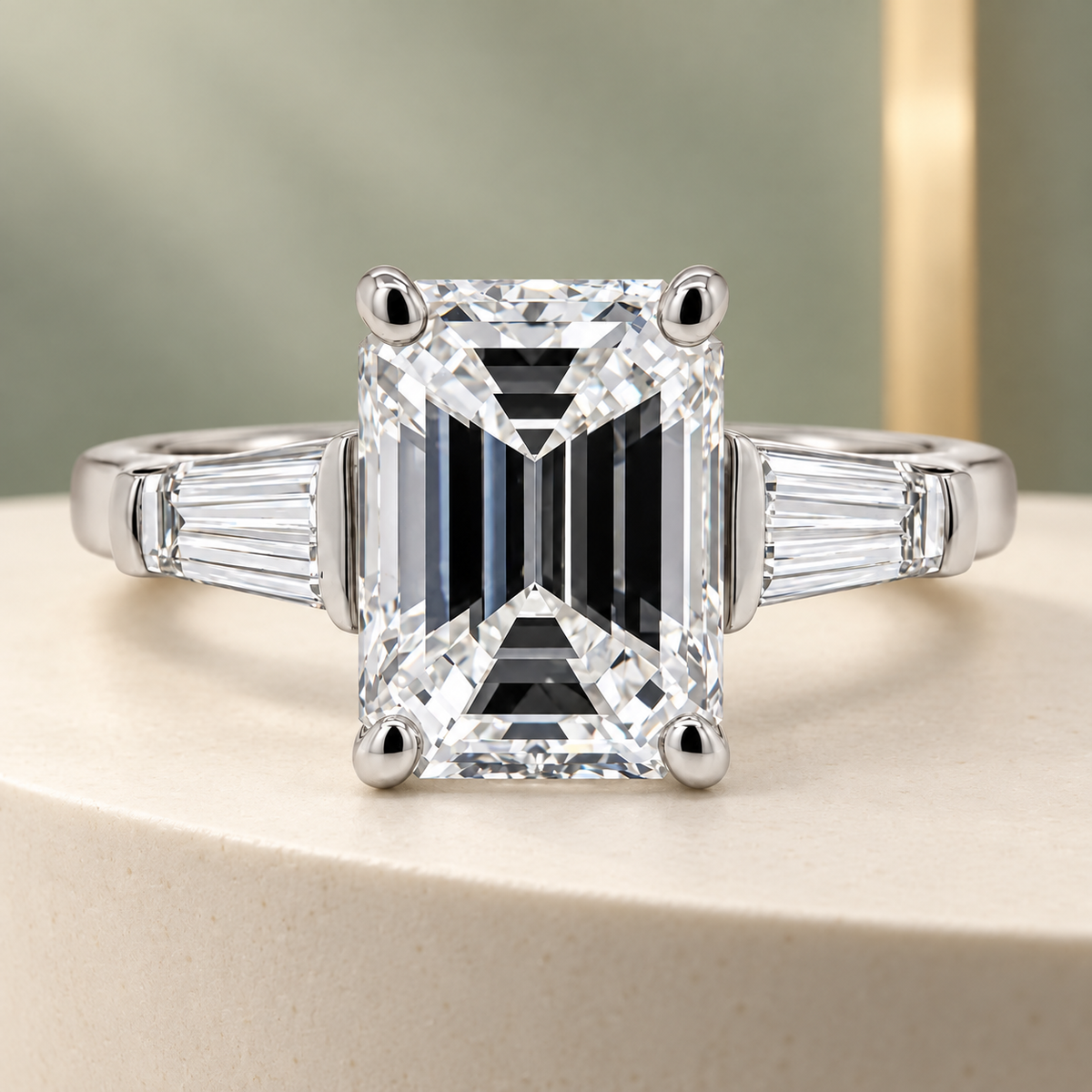 Lab-grown emerald-cut diamond trilogy engagement ring with tapered baguette side stones.