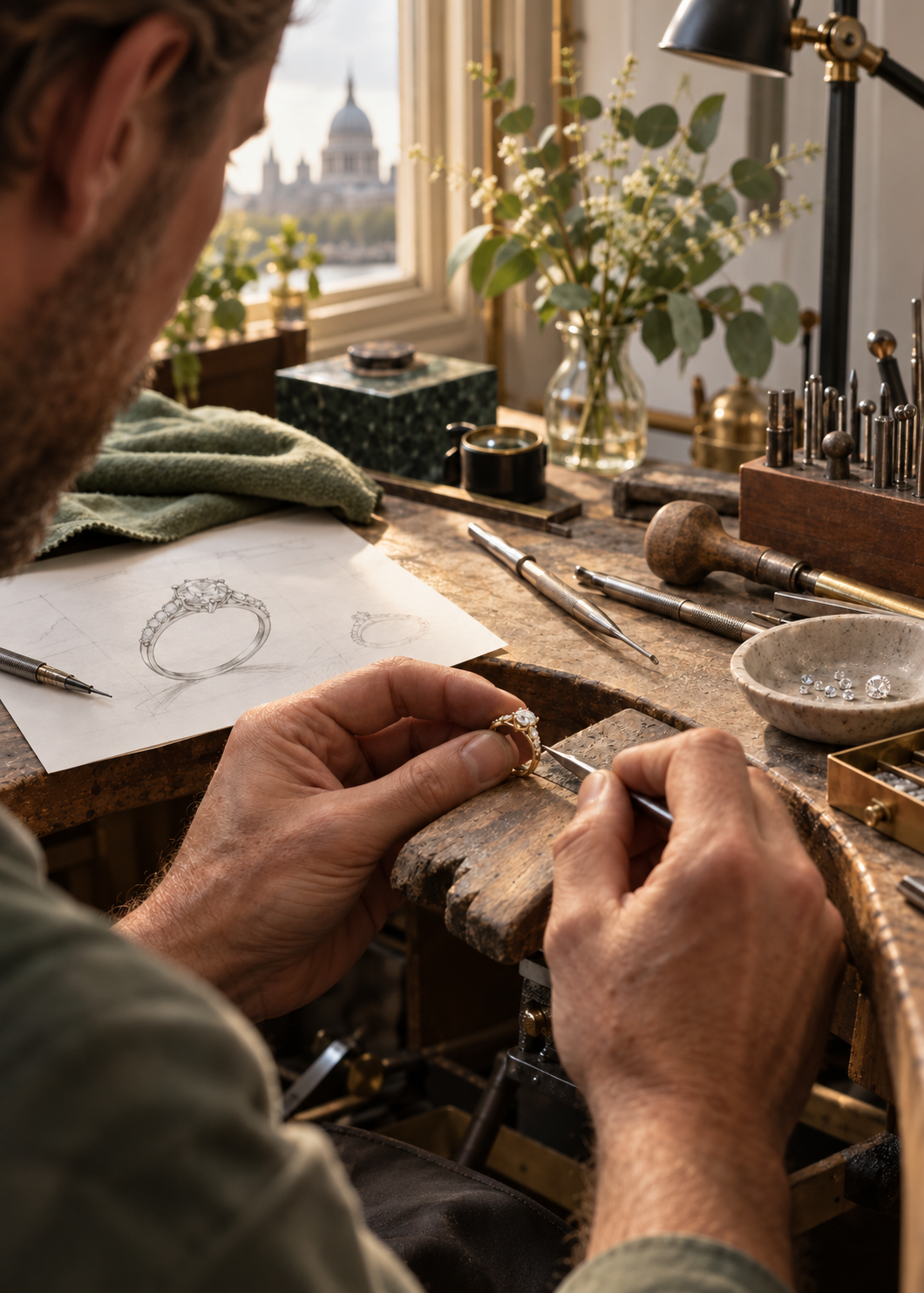 London goldsmith hand-finishing a diamond engagement ring at the jewellery bench.