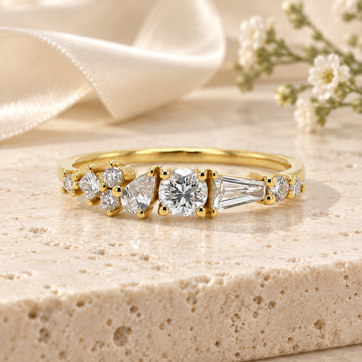 Asymmetric diamond half-eternity thumb ring made with reclaimed diamonds.