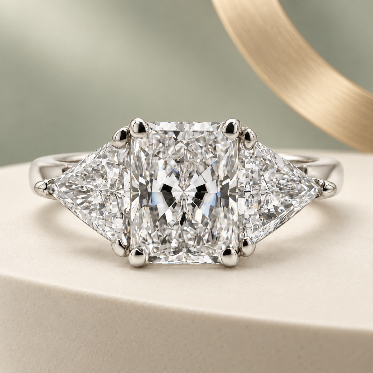 Radiant-cut diamond trilogy ring with trilliant-cut side stones.