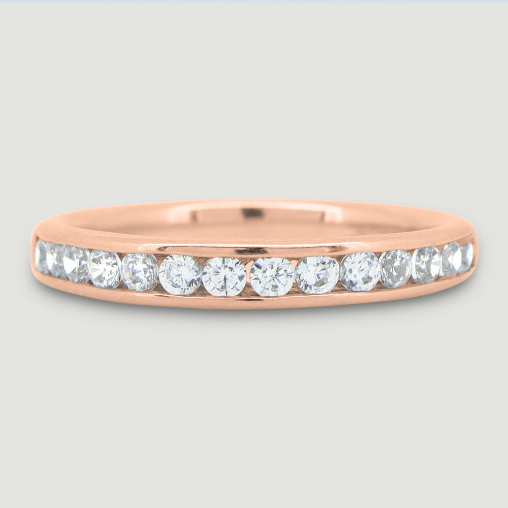 2.5mm Court shaped ring channel set with round diamonds 18ct rose gold