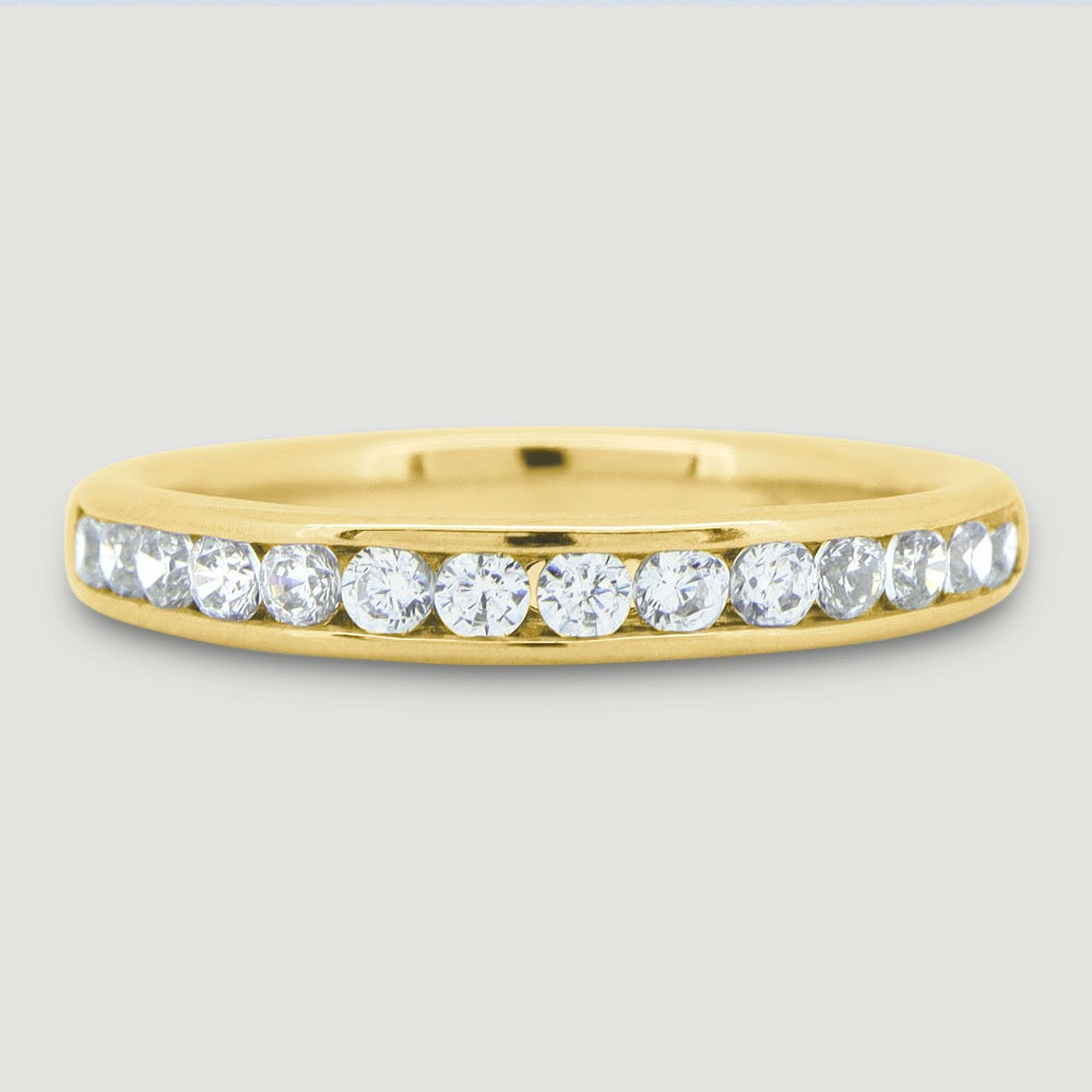 2.5mm Court shaped ring channel set with round diamonds 18ct yellow gold