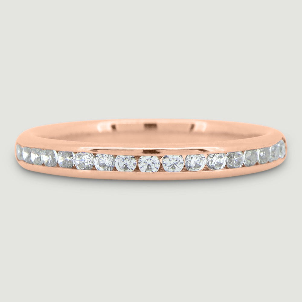 2mm Court shaped ring channel set with round diamonds 18ct rose gold