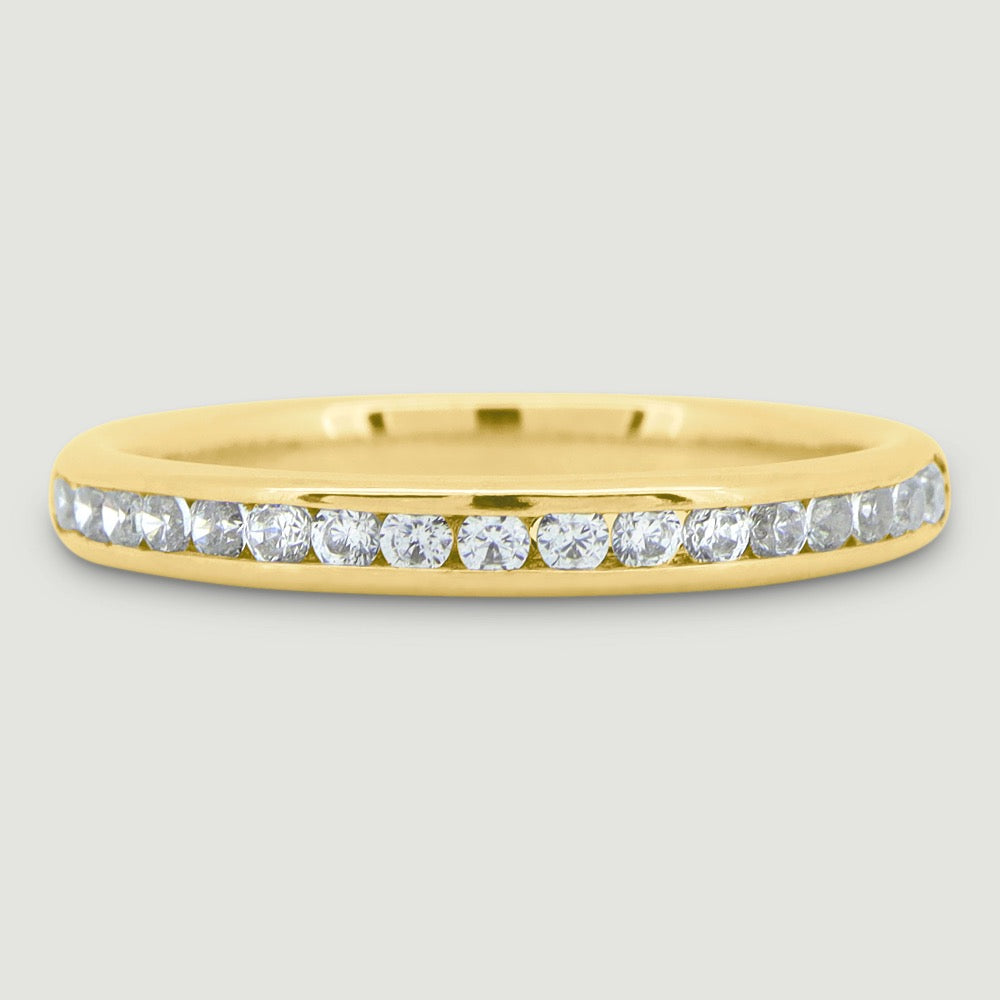 2mm Court shaped ring channel set with round diamonds 18ct yellow gold