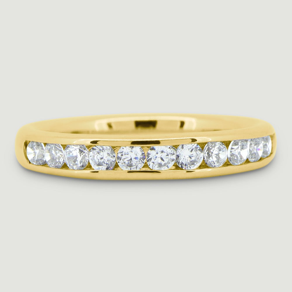 3mm Court shaped ring channel set with round diamonds 18ct yellow gold