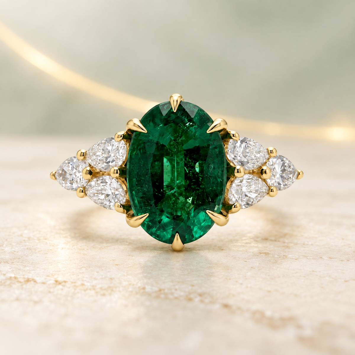 Yellow gold cocktail ring with an oval Zambian emerald and pear- and marquise-shaped diamonds.