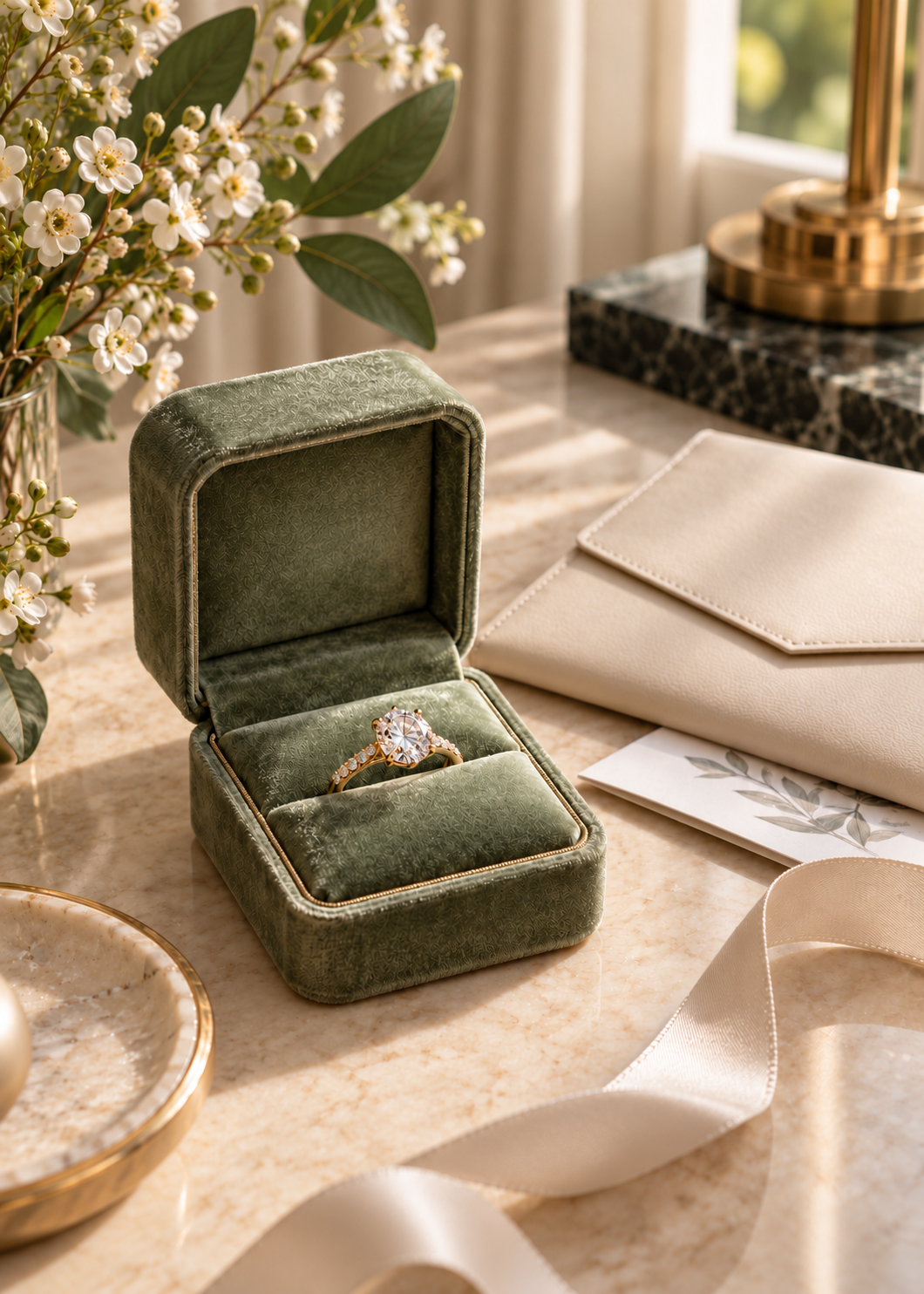 Finished diamond engagement ring presented in a sage-green velvet box.