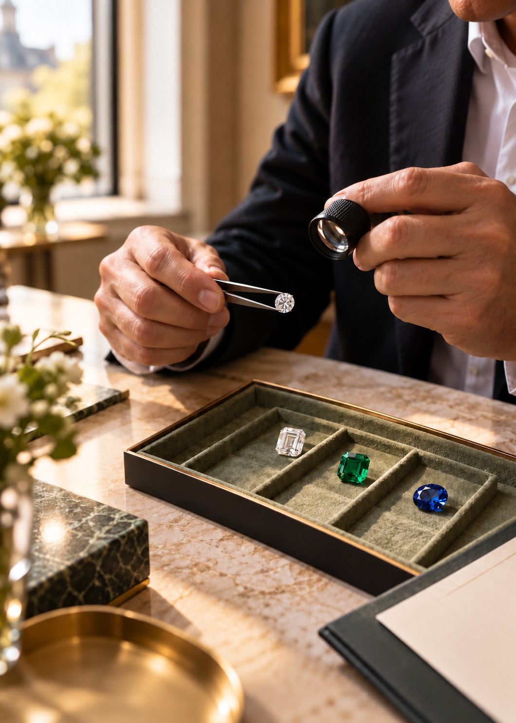 Diamond and coloured gemstones presented in a sage velvet tray during stone selection.