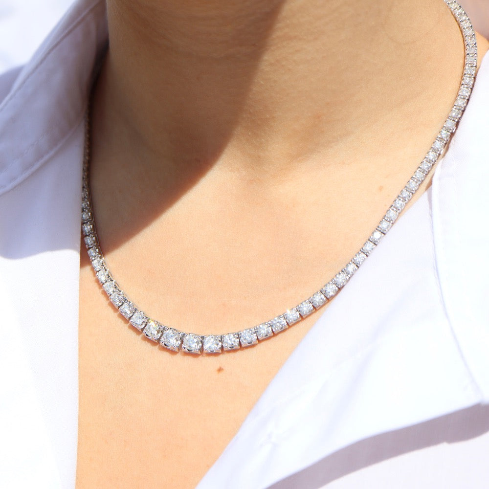 18ct white gold graduated diamond necklace - photographed on model