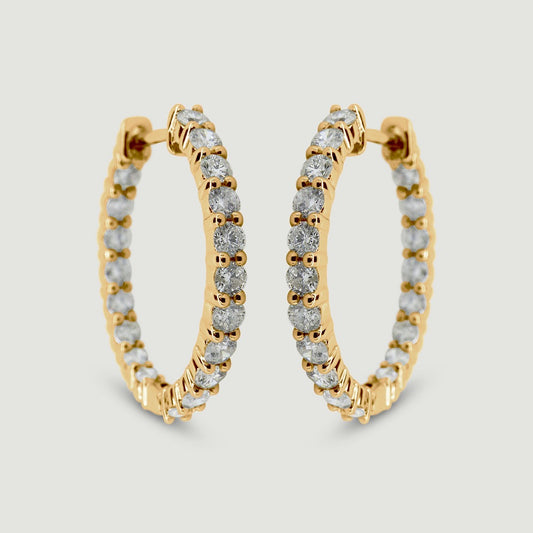 18ct yellow gold diamond hoop earrings claw set with round brilliant diamonds - view from the front