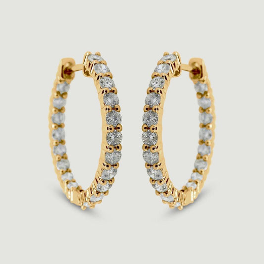 18ct yellow gold diamond hoop earrings claw set with round brilliant diamonds - view from the front