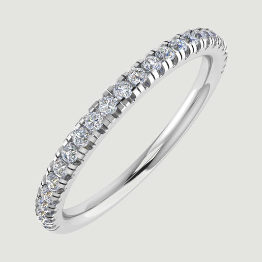 Platinum ring micro-pavé set half way around with round brilliant diamonds, the ring measures 1.7mm wide - view from an angle