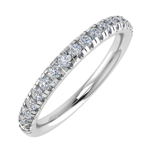 Platinum ring micro-pavé set half way around with round brilliant diamonds, the ring measures 2.1mm wide - view from an angle