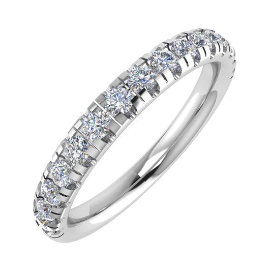 Platinum ring micro-pavé set half way around with round brilliant diamonds, the ring measures 2.5mm wide - view from an angle