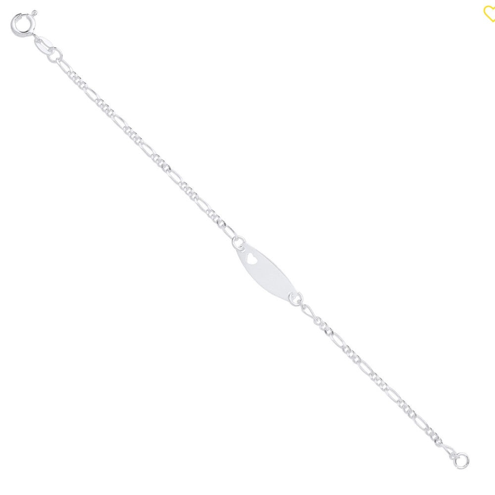 Baby’s silver figaro link bracelet with an ID plate in the centre. Open the left side of the ID plate a heart motif cut out
