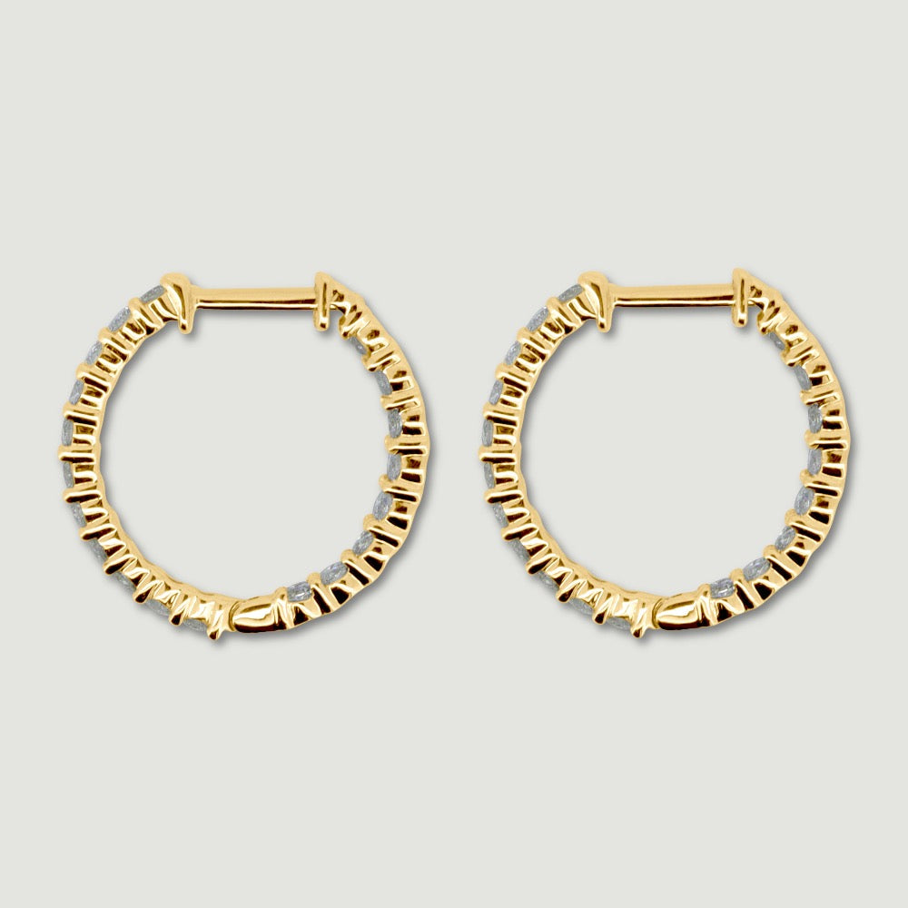  18ct yellow gold diamond hoop earrings claw set with round brilliant diamonds - view from the side