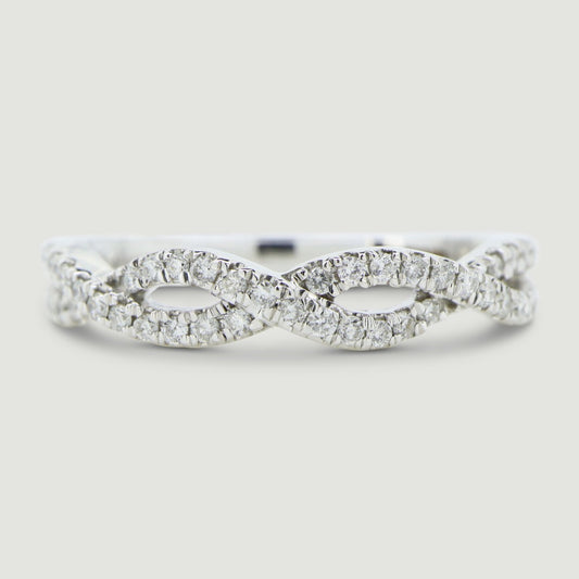 two rows of round diamonds micro pave set into a plaited design. ring in platinum viewed from the top