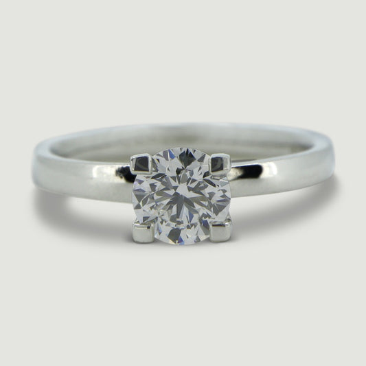 Platinum solitaire diamond ring set with a round brilliant diamond in four claws - view from the top