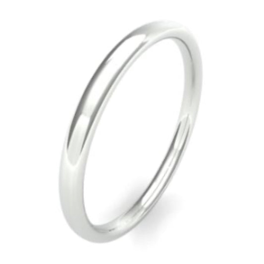 2.0mm wide slight court shape wedding ring - photographed in platinum or white gold