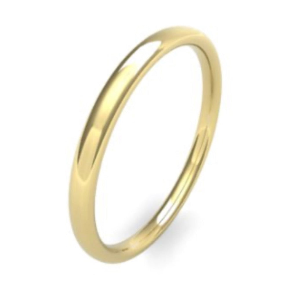 2.0mm wide slight court shape wedding ring - photographed in yellow gold