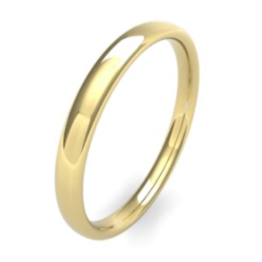 2.5mm wide slight court shape wedding ring - photographed in yellow gold