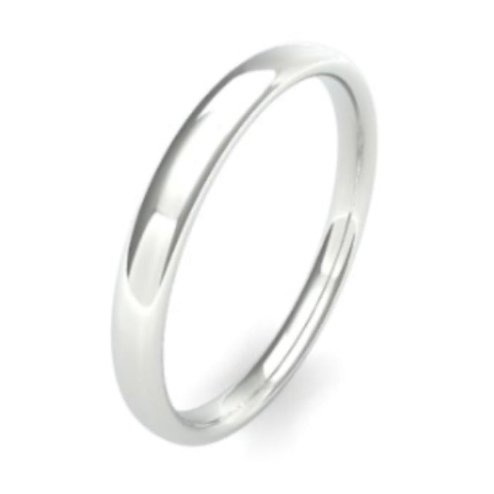 2.5mm wide slight court shape wedding ring - photographed in platinum or white gold