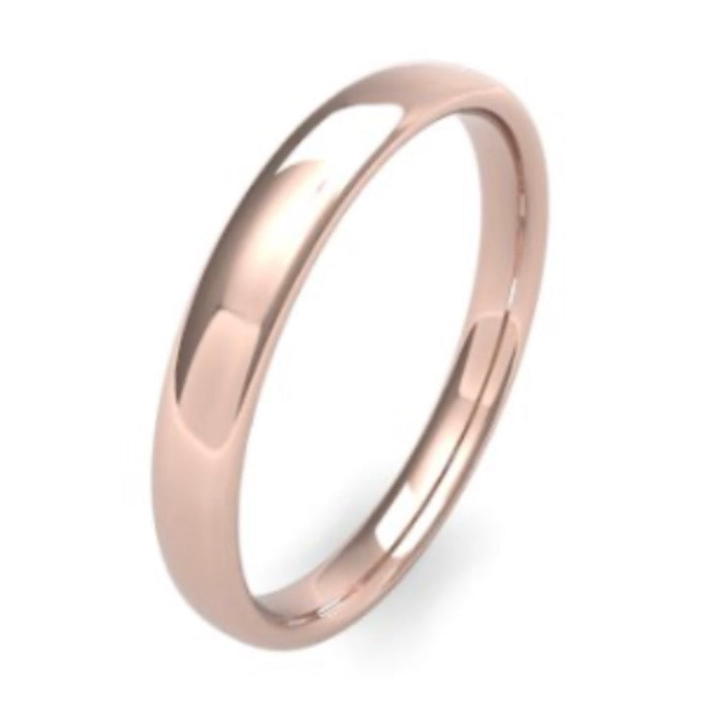 3.0mm wide slight court shape wedding ring - photographed in rose gold