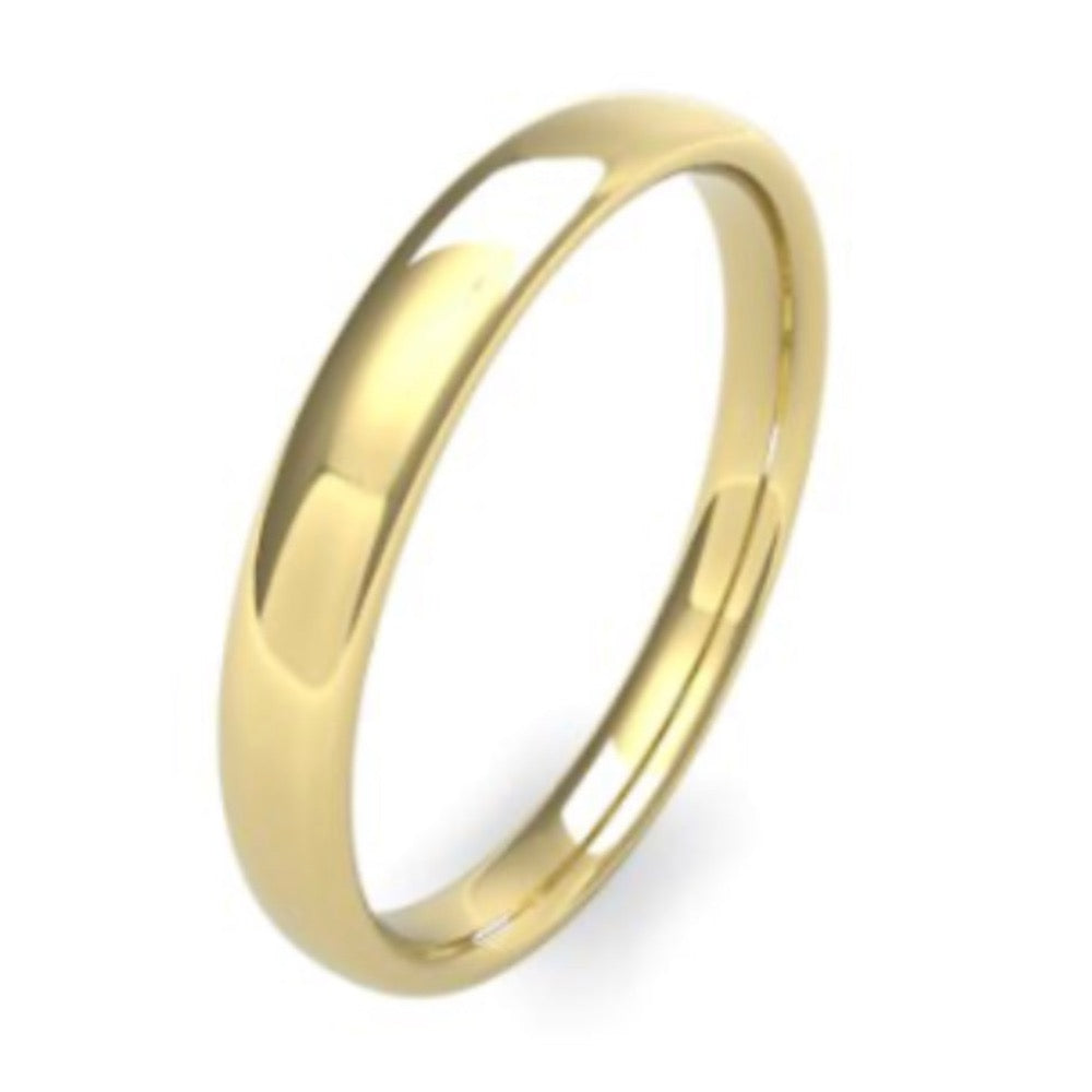 3.0mm wide slight court shape wedding ring - photographed in yellow gold