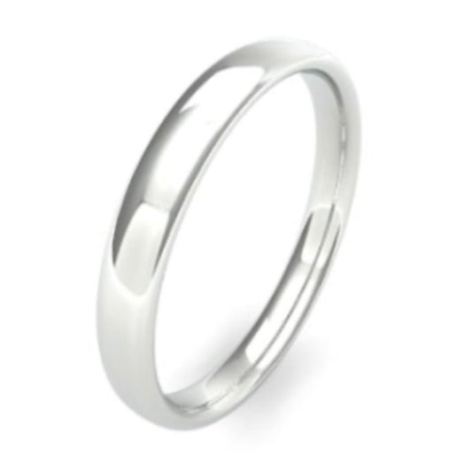 3.0mm wide slight court shape wedding ring - photographed in platinum or white gold