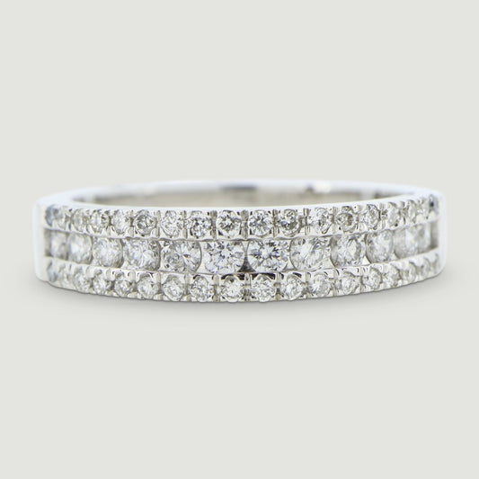 platinum sandwich ring set with three rows of round diamonds from the top