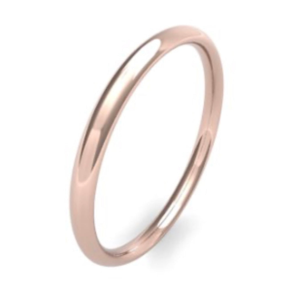 2.0mm wide traditional court shape wedding ring - photographed in rose gold