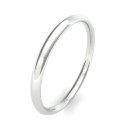 2.0mm wide traditional court shape wedding ring - photographed in platinum or white gold